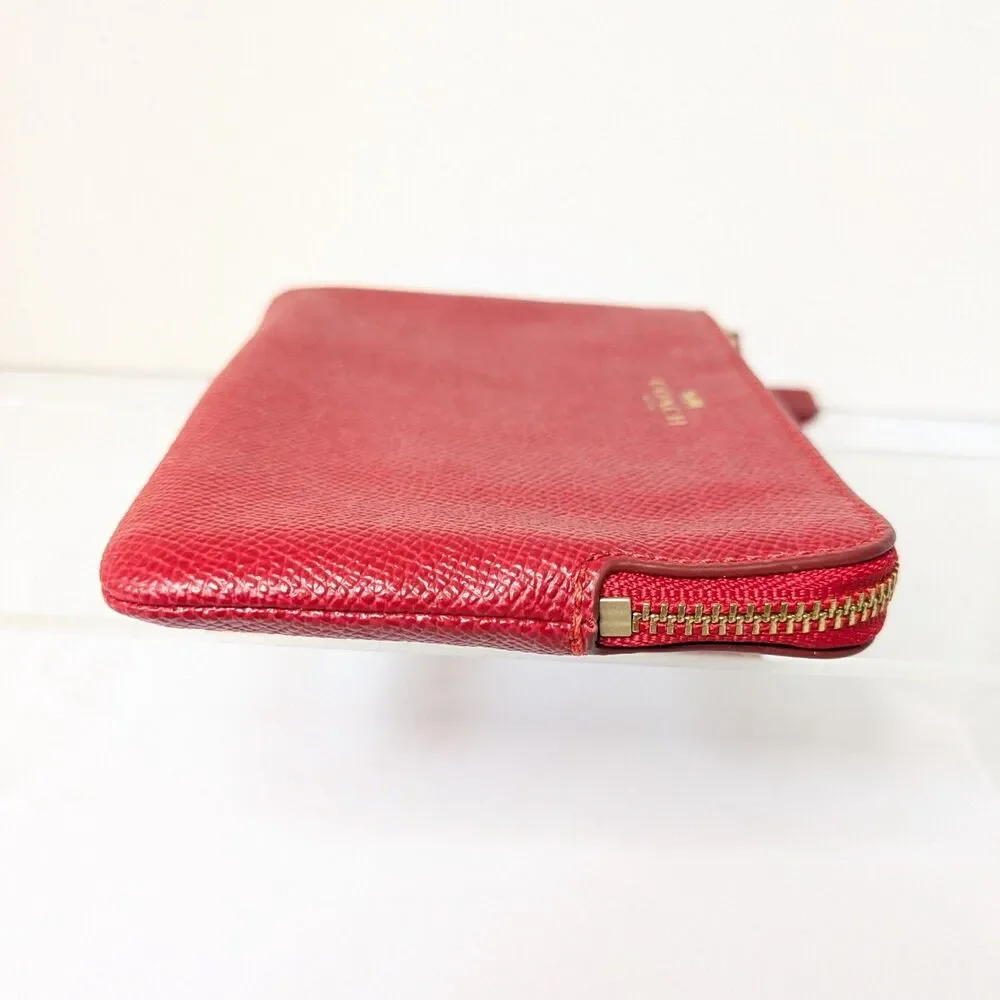 COACH Red Crossgrain Leather Small Wristlet Corner Zip Pouch Card Slots F58032
